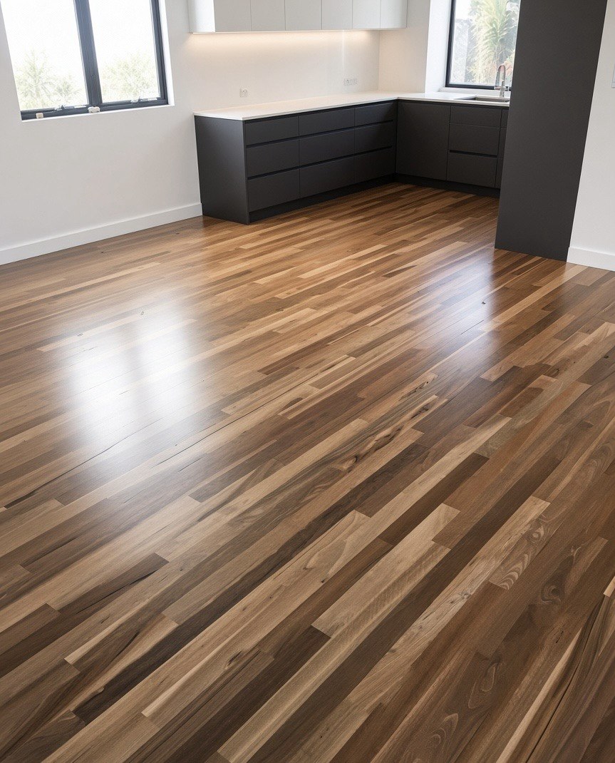 Polished timber floor in open-plan kitchen